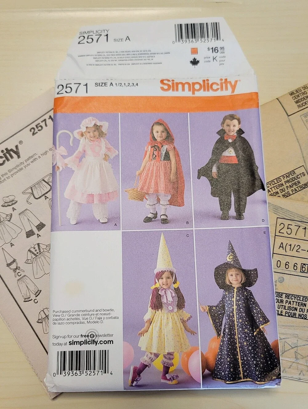 🎃Simplicity 2571 Halloween Sizes 1/2-4 Girls & Boys Bo Peep Red Riding Hood New